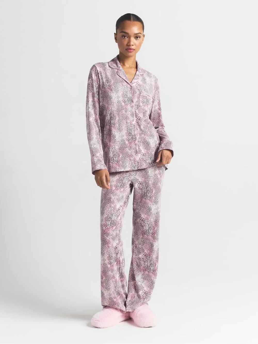 SKIMS Pink Printed Long Sleeve Button-Up Pajama Set
